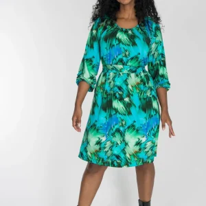 A-lined belted short jersey dress - Blue-green