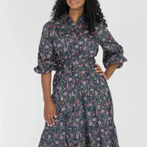 Cotton shirt midi dress - Navy flowers