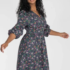 Cotton V-neck short dress - Navy flowers