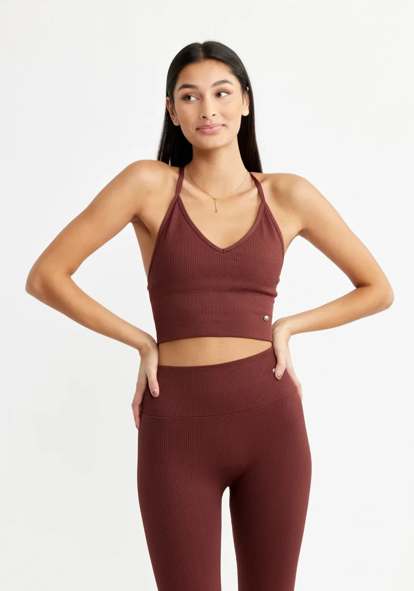 Ribbed Seamless V Sports Bra Rum Raisin