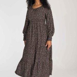Soft viscose smock midi dress - Black-Pink flower