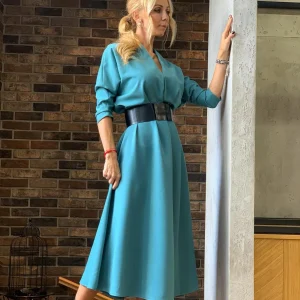 Klänning med bälte och batwing-ärmar, Blå